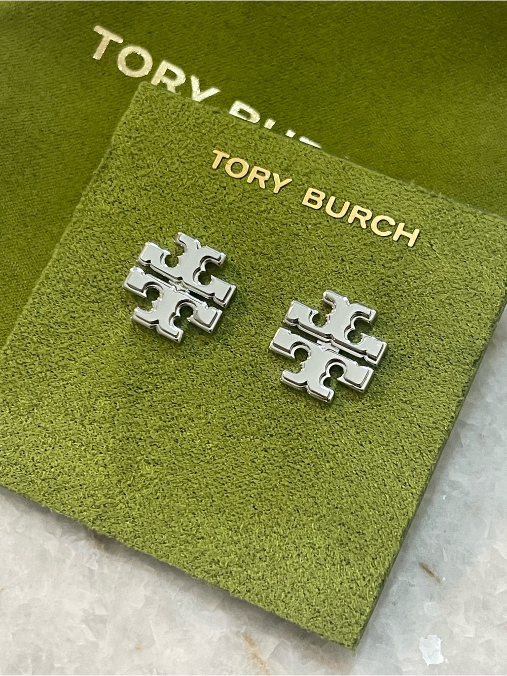 NWT~TORY BURCH~Small "Kira" Logo Stud Earrings, Silver